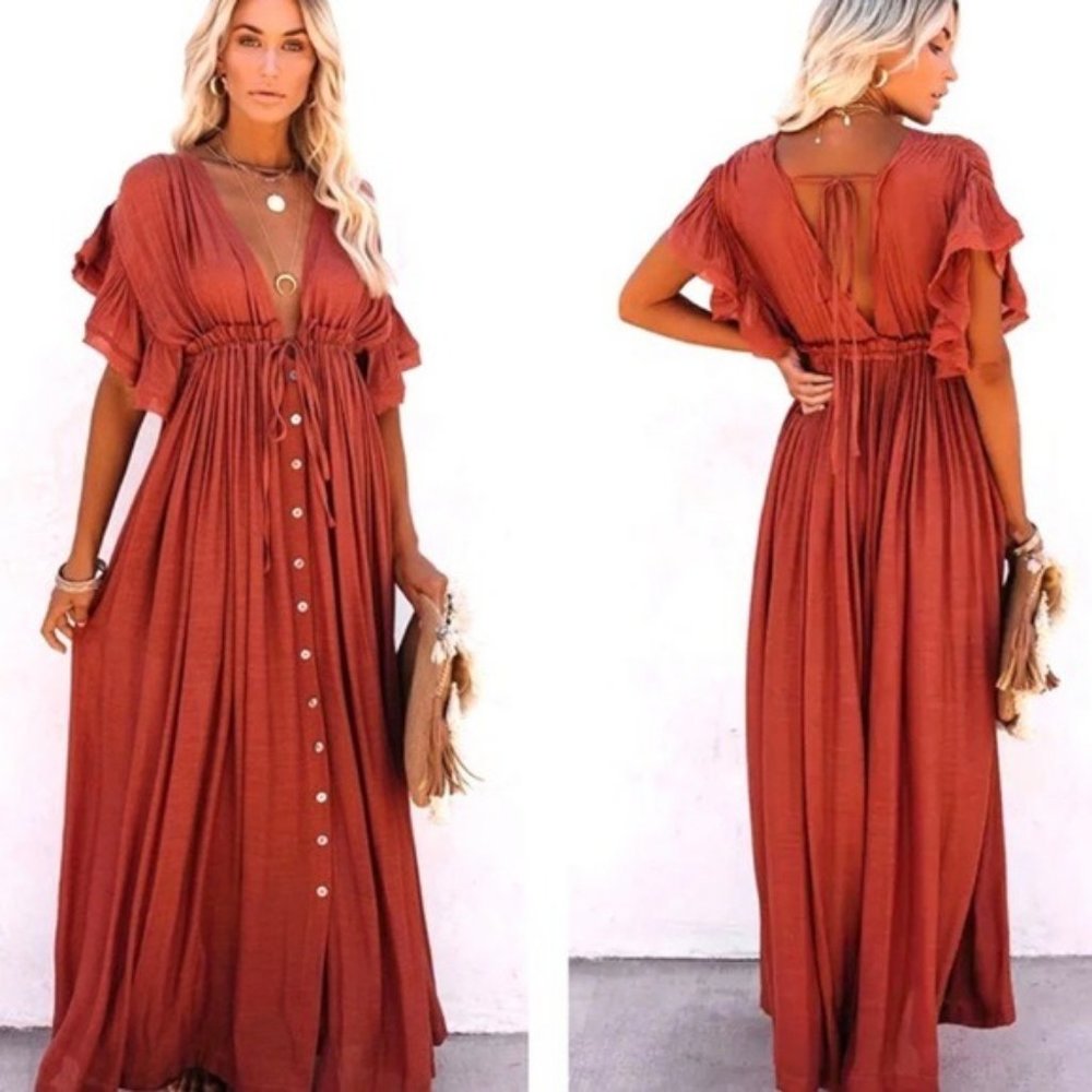 Elegant Backless Rust Maxi Dress